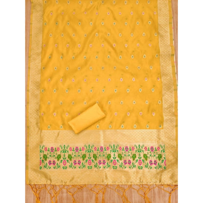 Generic Women's Banarasi Silk Printed Unstitched Salwar Suit Material With Dupatta (Yellow, 3Mtrs)
