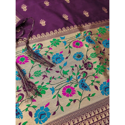 Generic Women's Banarasi Silk Printed Unstitched Salwar Suit Material With Dupatta (Wine, 3Mtrs)