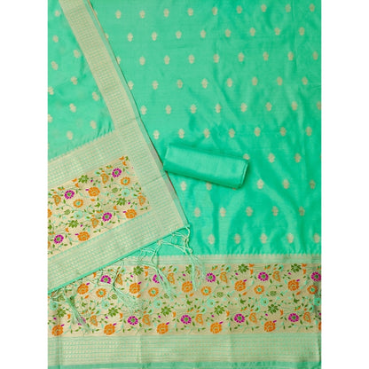 Generic Women's Banarasi Silk Printed Unstitched Salwar Suit Material With Dupatta (Sea Green, 3Mtrs)