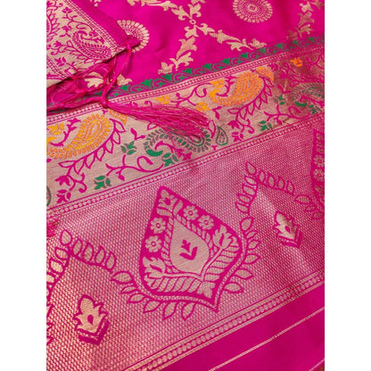 Generic Women's Banarasi Silk Printed Unstitched Salwar Suit Material With Dupatta (Pink, 3Mtrs)