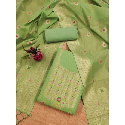 Generic Women's Banarasi Silk Printed Unstitched Salwar Suit Material With Dupatta (Pista, 3Mtrs)