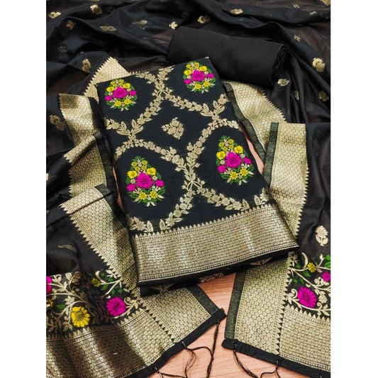 Generic Women's Banarasi Silk Printed Unstitched Salwar Suit Material With Dupatta (Black, 3Mtrs)
