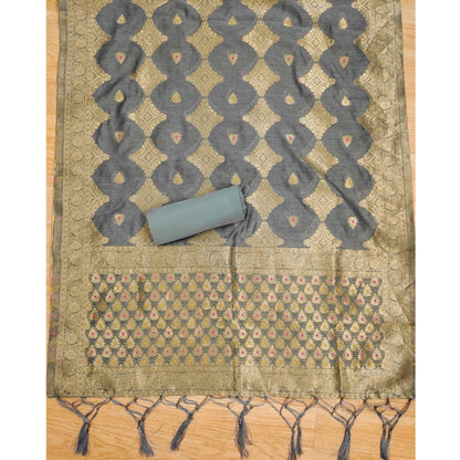 Generic Women's Banarasi Silk Printed Unstitched Salwar Suit Material With Dupatta (Grey, 3Mtrs)