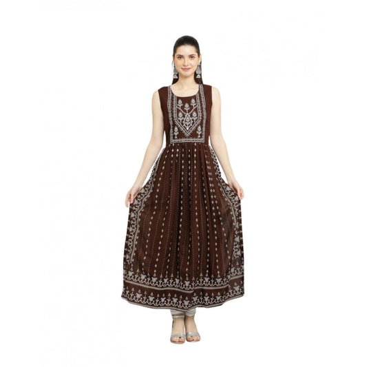 Generic Women's Casual Rayon Sleeveless Kurti (Brown)