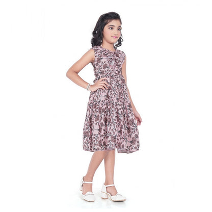 Generic Girl's Digital Slub Printed Sleeve Less Round Neck Dress (Brown)