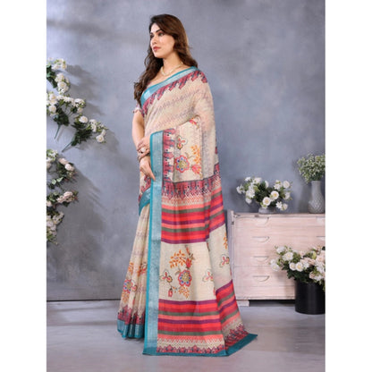 Generic Women's Linen Cotton  Printed Saree With Unstitched Blouse 5.5Mtr (Cream)