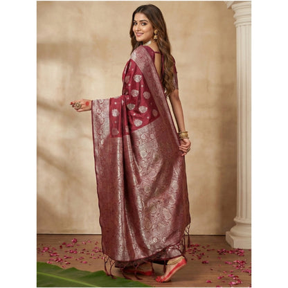 Generic Women's Silk Blend Printed Saree With Unstitched Blouse 5.5Mtr (Maroon)