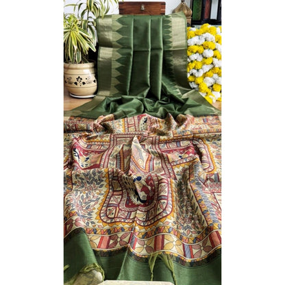 Generic Women's Tussar Silk Madhubani Saree With Unstitched Blouse 5.5Mtr (Green)