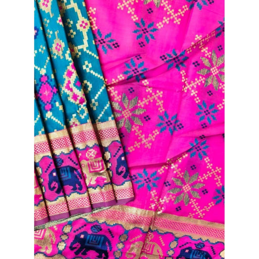 Generic Women's Patola Silk Meena And Zari Woven Saree With Unstitched Blouse 5.5Mtr (Blue)
