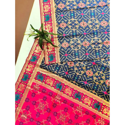 Generic Women's Patola Silk Meena And Zari Woven Saree With Unstitched Blouse 5.5Mtr (Navy)
