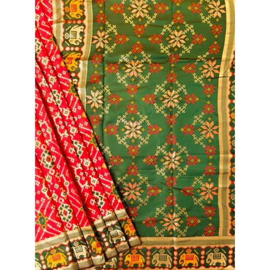 Generic Women's Patola Silk Meena And Zari Woven Saree With Unstitched Blouse 5.5Mtr (Red)