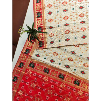 Generic Women's Patola Silk Meena And Zari Woven Saree With Unstitched Blouse 5.5Mtr (White)