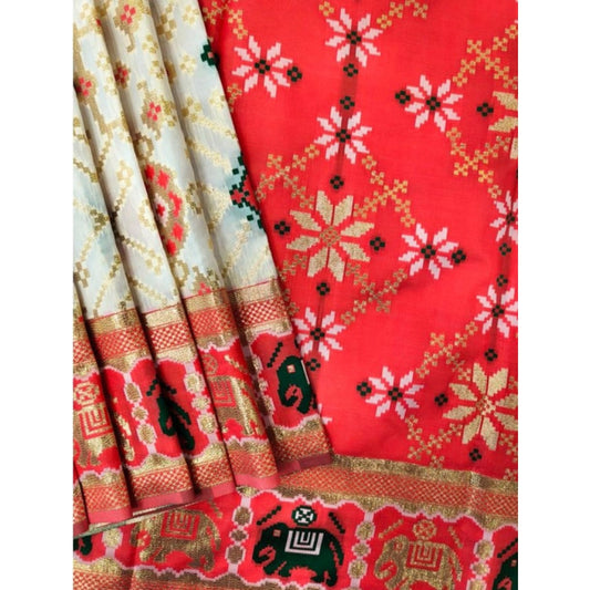 Generic Women's Patola Silk Meena And Zari Woven Saree With Unstitched Blouse 5.5Mtr (White)