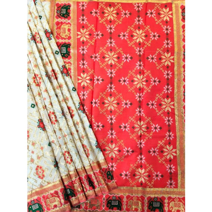 Generic Women's Patola Silk Meena And Zari Woven Saree With Unstitched Blouse 5.5Mtr (White)