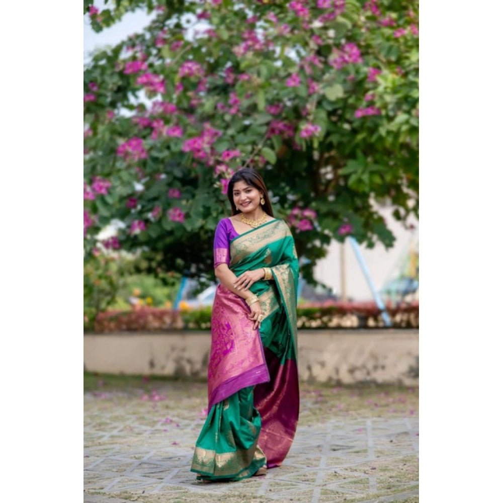 Generic Women's Katan_Silk Zari_Weaving Saree With Unstitched Blouse 5.5Mtr (Dark_Green)