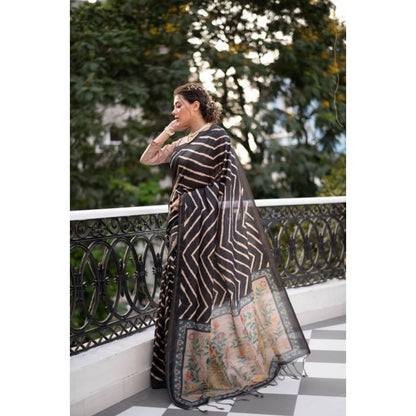 Generic Women's Faux_Tussar_Silk Geometric_Print Saree With Unstitched Blouse 5.5Mtr (Black)