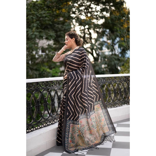 Generic Women's Faux_Tussar_Silk Geometric_Print Saree With Unstitched Blouse 5.5Mtr (Black)