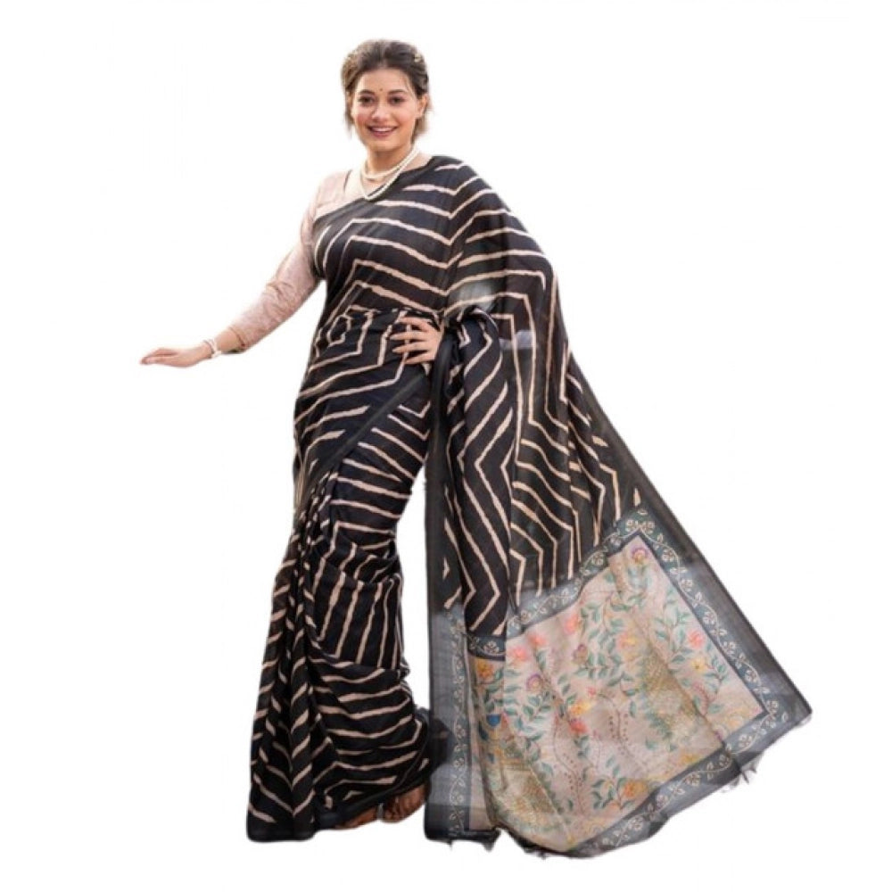 Generic Women's Faux_Tussar_Silk Geometric_Print Saree With Unstitched Blouse 5.5Mtr (Black)