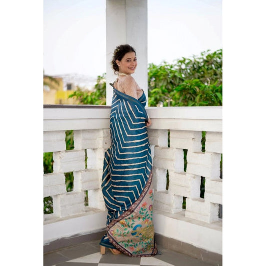 Generic Women's Faux_Tussar_Silk Geometric_Print Saree With Unstitched Blouse 5.5Mtr (Blue)