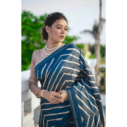 Generic Women's Faux_Tussar_Silk Geometric_Print Saree With Unstitched Blouse 5.5Mtr (Blue)