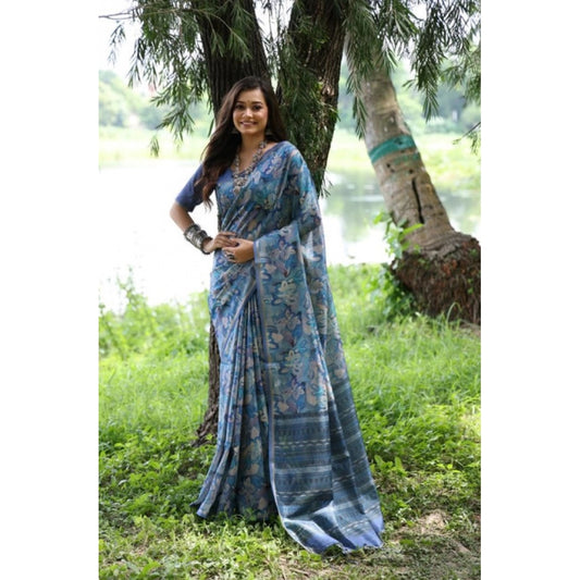Generic Women's Faux_Tussar_Silk Abstract_Print Saree With Unstitched Blouse 5.5Mtr (Blue)