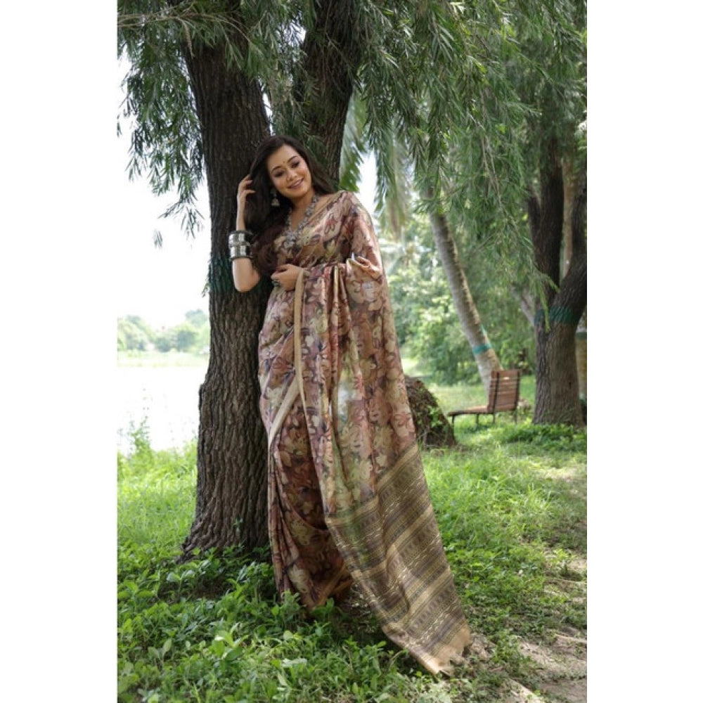 Generic Women's Faux_Tussar_Silk Abstract_Print Saree With Unstitched Blouse 5.5Mtr (Brown)
