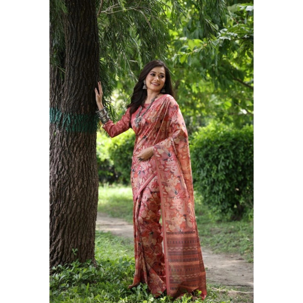 Generic Women's Faux_Tussar_Silk Abstract_Print Saree With Unstitched Blouse 5.5Mtr (Peach)