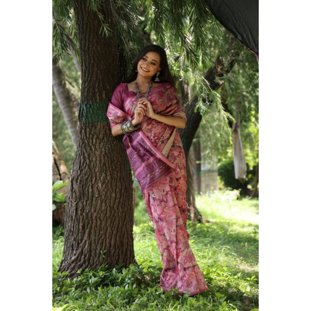 Generic Women's Faux_Tussar_Silk Abstract_Print Saree With Unstitched Blouse 5.5Mtr (Pink)