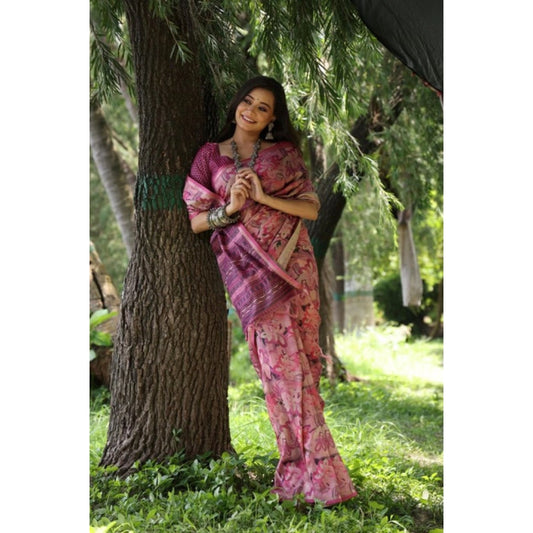Generic Women's Faux_Tussar_Silk Abstract_Print Saree With Unstitched Blouse 5.5Mtr (Pink)