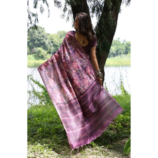 Generic Women's Faux_Tussar_Silk Abstract_Print Saree With Unstitched Blouse 5.5Mtr (Purple)