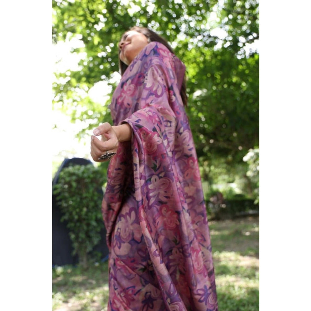Generic Women's Faux_Tussar_Silk Abstract_Print Saree With Unstitched Blouse 5.5Mtr (Purple)