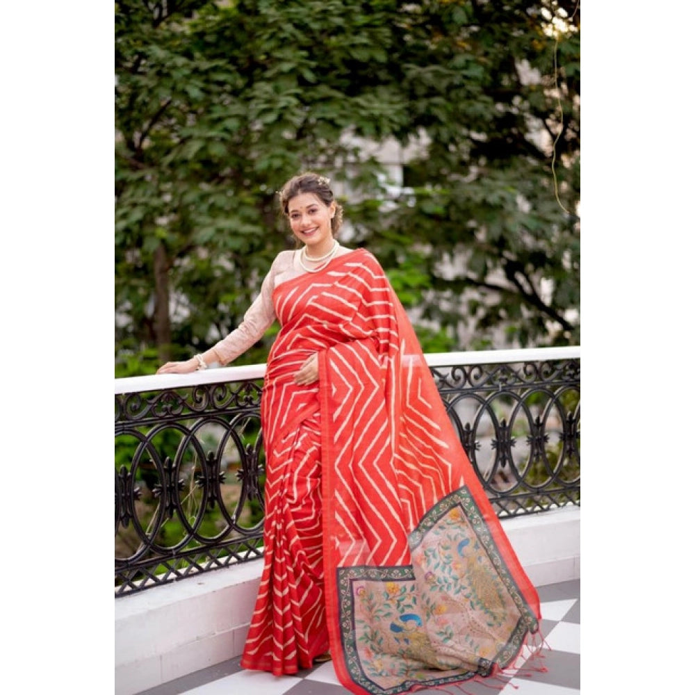 Generic Women's Faux_Tussar_Silk Geometric_Print Saree With Unstitched Blouse 5.5Mtr (Red)