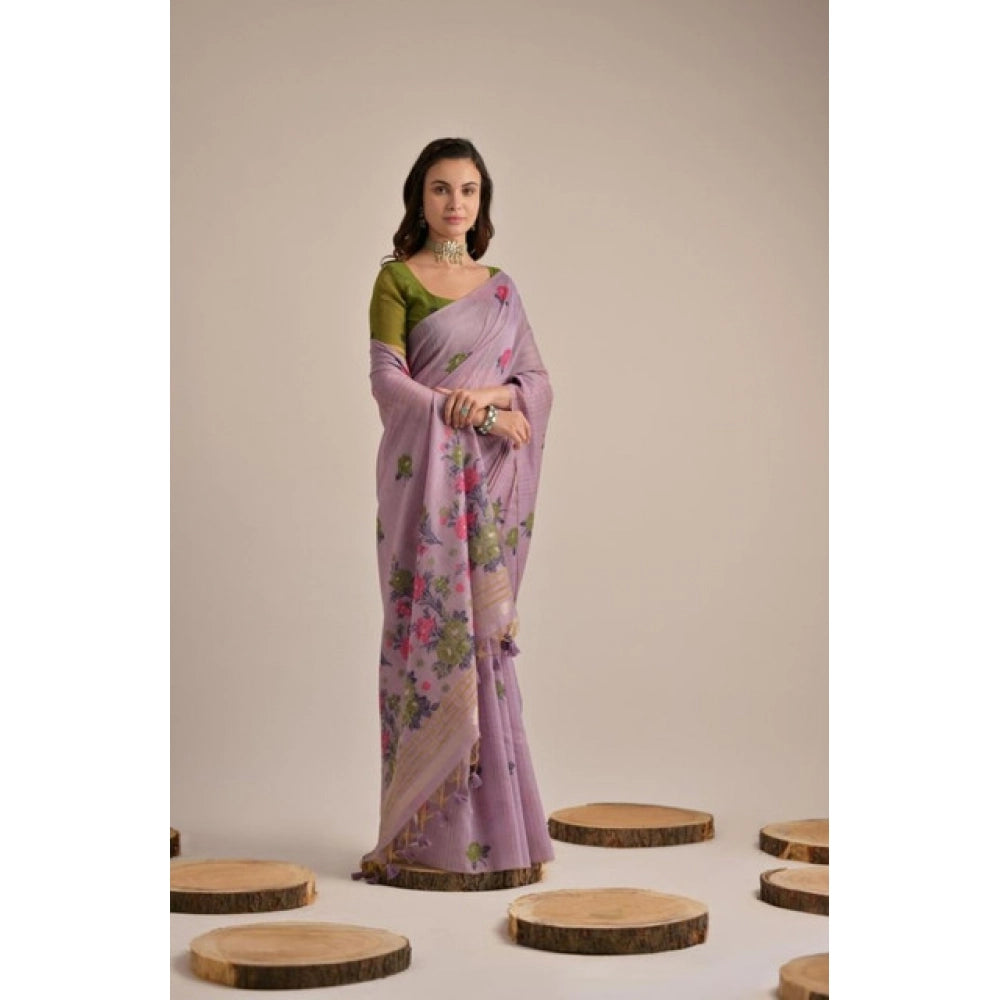 Generic Women's Blended_Cotton Floral Motifs And Woven Buttas Saree With Unstitched Blouse 5.5Mtr (Lavender)
