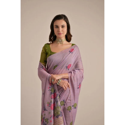 Generic Women's Blended_Cotton Floral Motifs And Woven Buttas Saree With Unstitched Blouse 5.5Mtr (Lavender)