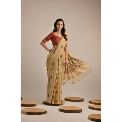 Generic Women's Blended_Cotton Floral Motifs And Woven Buttas Saree With Unstitched Blouse 5.5Mtr (Light_Beige)