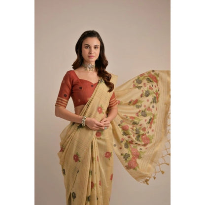 Generic Women's Blended_Cotton Floral Motifs And Woven Buttas Saree With Unstitched Blouse 5.5Mtr (Light_Beige)