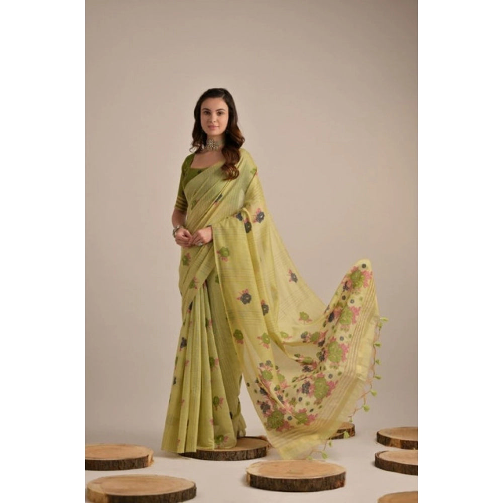 Generic Women's Blended_Cotton Floral Motifs And Woven Buttas Saree With Unstitched Blouse 5.5Mtr (Light_Green)