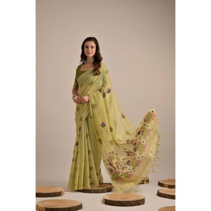 Generic Women's Blended_Cotton Floral Motifs And Woven Buttas Saree With Unstitched Blouse 5.5Mtr (Light_Green)