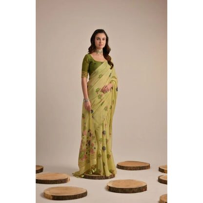 Generic Women's Blended_Cotton Floral Motifs And Woven Buttas Saree With Unstitched Blouse 5.5Mtr (Light_Green)