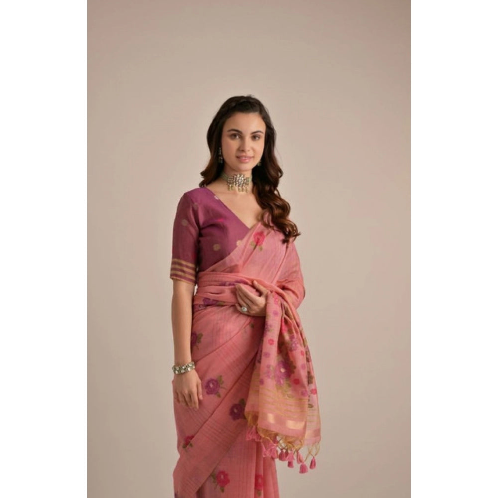 Generic Women's Blended_Cotton Floral Motifs And Woven Buttas Saree With Unstitched Blouse 5.5Mtr (Pink)