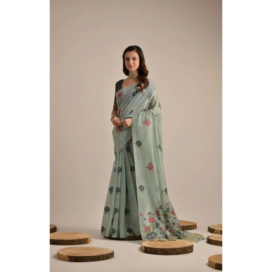 Generic Women's Blended_Cotton Floral Motifs And Woven Buttas Saree With Unstitched Blouse 5.5Mtr (Teal)