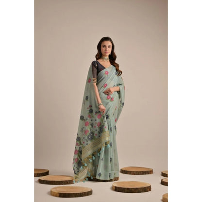 Generic Women's Blended_Cotton Floral Motifs And Woven Buttas Saree With Unstitched Blouse 5.5Mtr (Teal)