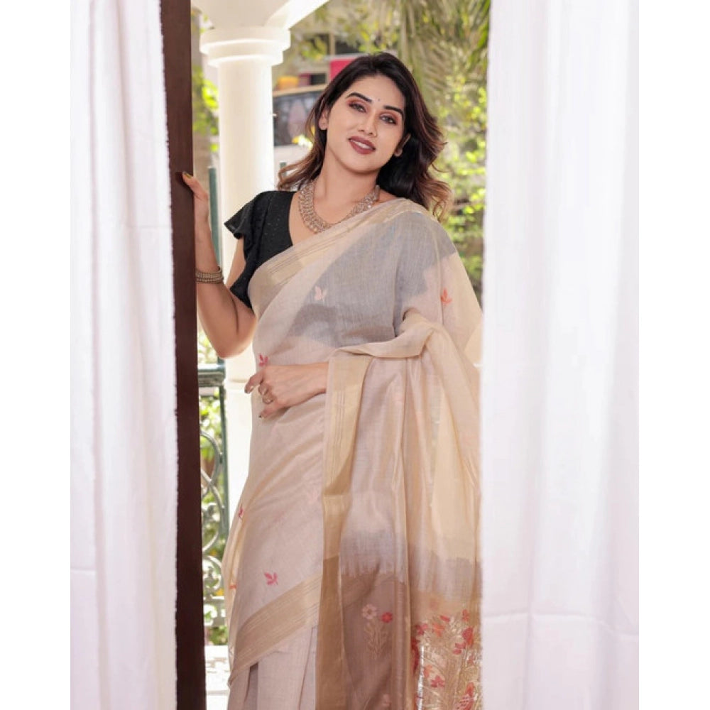 Generic Women's Blended_Cotton Woven_Motifs Saree With Unstitched Blouse 5.5Mtr (Light_Beige)