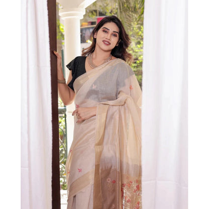 Generic Women's Blended_Cotton Woven_Motifs Saree With Unstitched Blouse 5.5Mtr (Light_Beige)