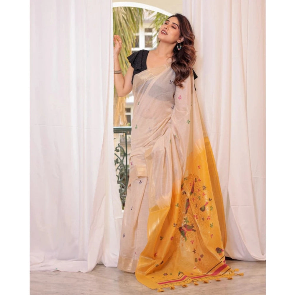 Generic Women's Blended_Cotton Woven_Motifs Saree With Unstitched Blouse 5.5Mtr (Yellow)