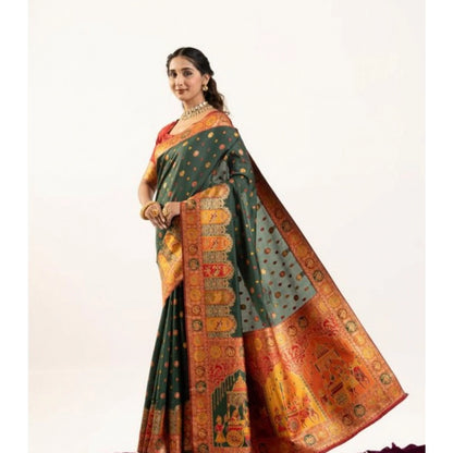 Generic Women's Faux_Banarasi Woven Motifs Saree With Unstitched Blouse 5.5Mtr (Dark_Green)