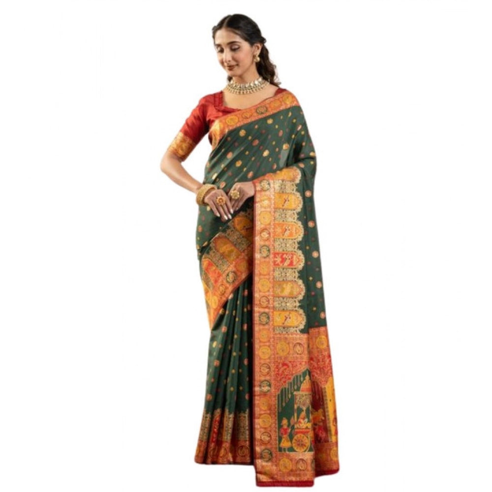Generic Women's Faux_Banarasi Woven Motifs Saree With Unstitched Blouse 5.5Mtr (Dark_Green)