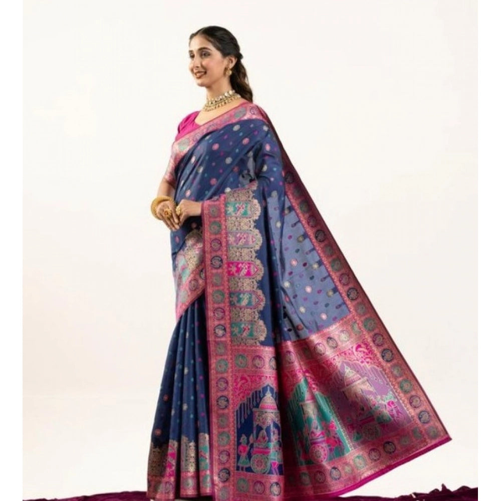 Generic Women's Faux_Banarasi Woven Motifs Saree With Unstitched Blouse 5.5Mtr (Navy_Blue)