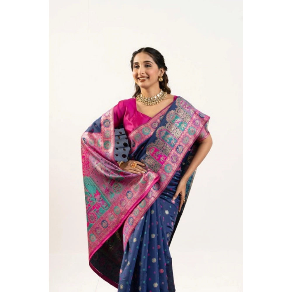 Generic Women's Faux_Banarasi Woven Motifs Saree With Unstitched Blouse 5.5Mtr (Navy_Blue)