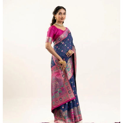 Generic Women's Faux_Banarasi Woven Motifs Saree With Unstitched Blouse 5.5Mtr (Navy_Blue)
